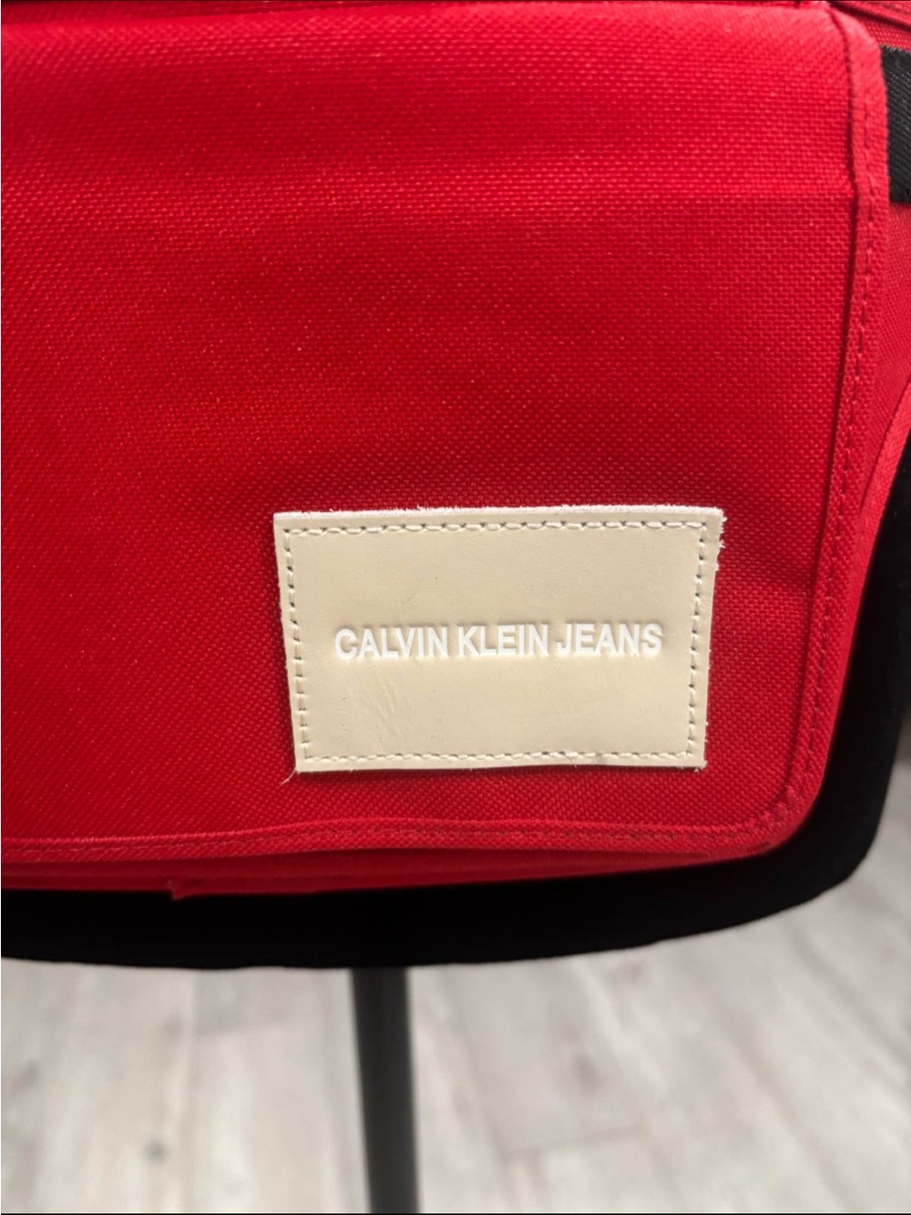 Calvin Klein Jeans Red and Black Messenger Bag with Cream Logo Patch